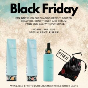 25% off when purchasing Deeply rooted shampoo, conditioner & serum + FREE SILK BAG